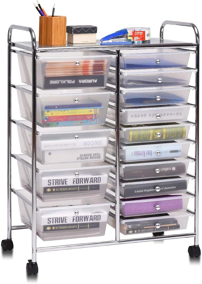 Giantex 15 Drawer Rolling Storage Cart Tools Scrapbook Paper Office School Organizer, Clear by Giantex