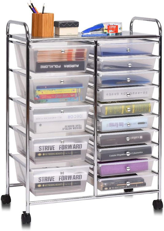 Giantex 15 Drawer Rolling Storage Cart Tools Scrapbook Paper Office School Organizer, Clear by Giantex