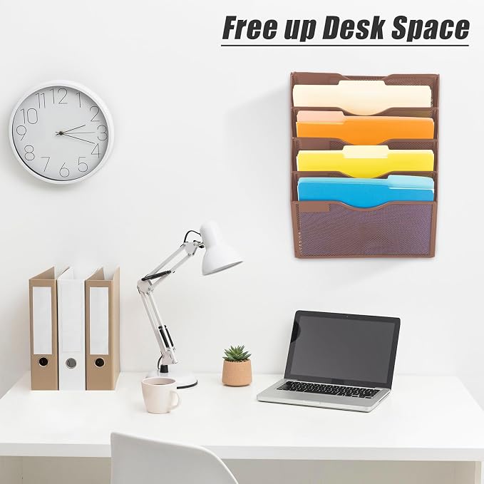 5 Pocket Mesh Hanging Wall File Organizer, Wall Mounted Mail Paper Document Folder Holder, Clipboard Storage Organization Magazine Rack with Nametag Label for Office Home School, Brown - Image 7