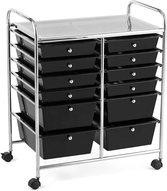 GOFLAME 12-Drawer Rolling Storage Cart, Multipurpose Organizer Cart with 2 Sizes Plastic Drawers, Mobile Utility Cart with Lockable Casters for School, Home Office, Beauty Salon, Black by GOFLAME