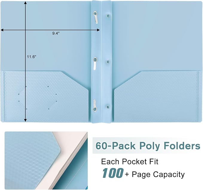 Plastic andPockets and Prongs,2-Pocket and3 Fasteners, Pastel Folders Holds 8-1/2" x 11" Paper for School/Office/Home, 60 Packs - Image 4