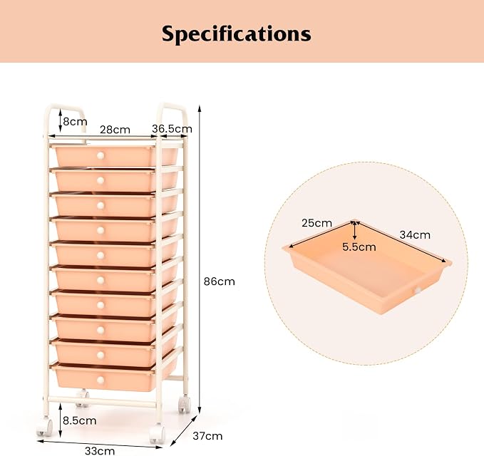 Storage Cart, Rolling Utility Cart with 10 Drawers, Portable Handles & Lockable Wheels, Mobile Paper Toys Storage Organizer Large Capacity for Home Office School Teacher (Peach) - Image 9