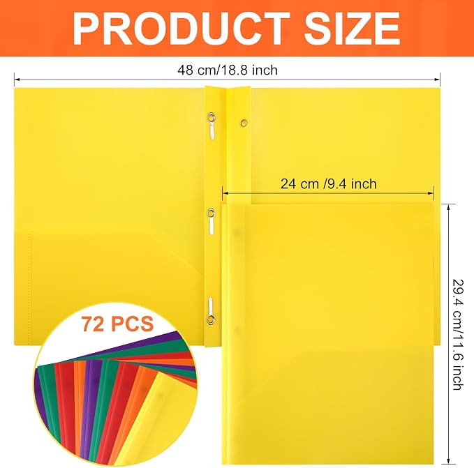 Cholemy 72 Packs Pocket Folders with Prongs Heavy Duty Plastic Folder with Business Card Slot 3 Prong Fasteners for School Office (Classic) - Image 2