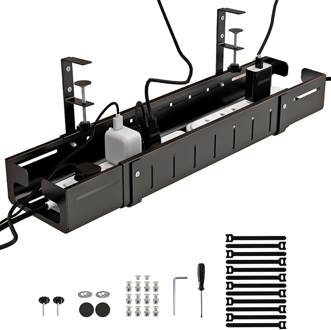 Under Desk Cable Management Tray, Expandable Length 25.2"-38.6",No Drill No Damage to Desk,Cable Tray with Clamp for with Wire Management,for Cord Organizer for Home Office Standing Desk, Black - Image 2