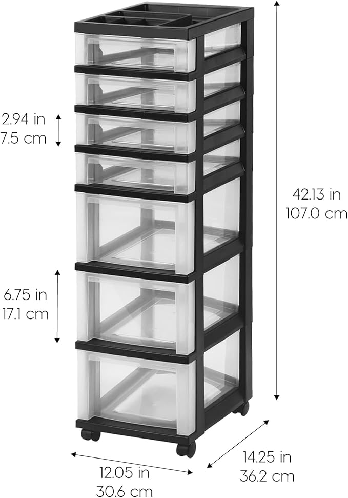 IRIS USA 7-Drawer Rolling Storage Cart with Wheels, 2-Pack, Black/Clear - Image 3