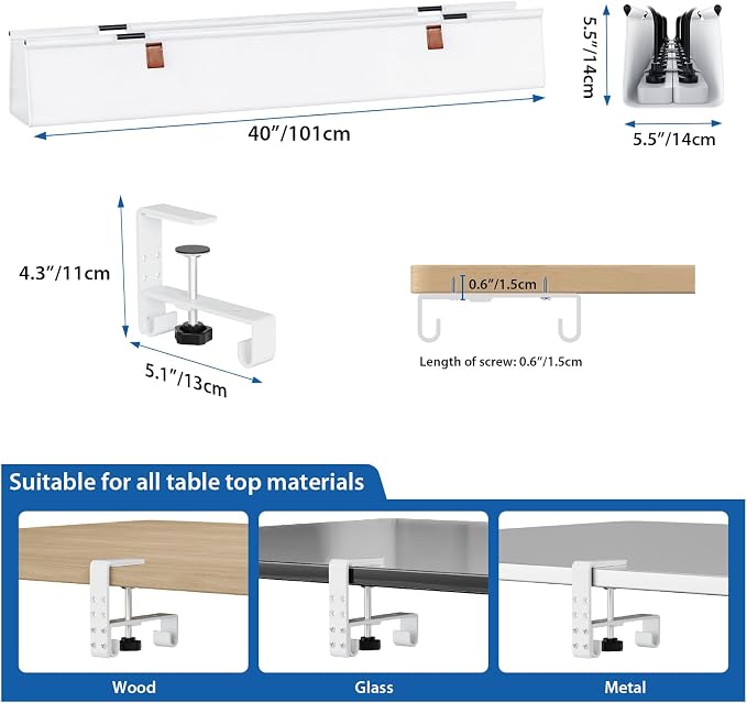 Zilink Large Cable Management Under Desk 40" No Drill Desk Cable Management Clamp/Screw Mount Fabric Cable Tray Sturdy Waterproof Cable Organizer for Office, Home, White - Image 5