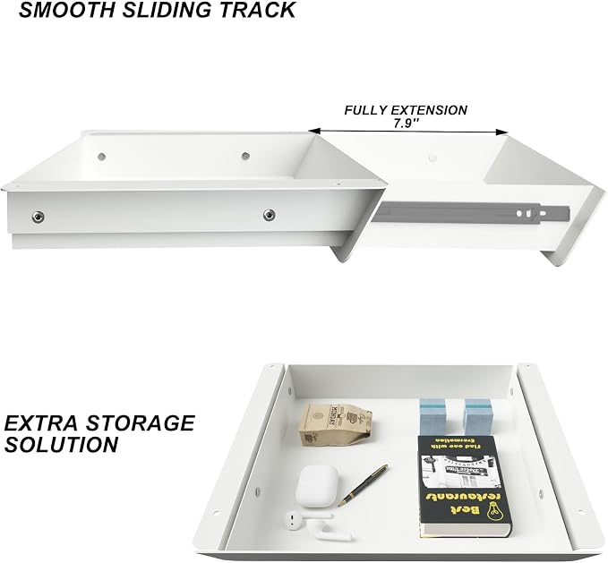 White Under Desk Drawer with Removable Tray, 15.4" Wide 2-in-1 Organizer – 60° Ergonomic Tilt, 4-Compartment Insert for Pens, Phones & Cables, Ball Bearing Slides, for Home Office & Student Desk - Image 4