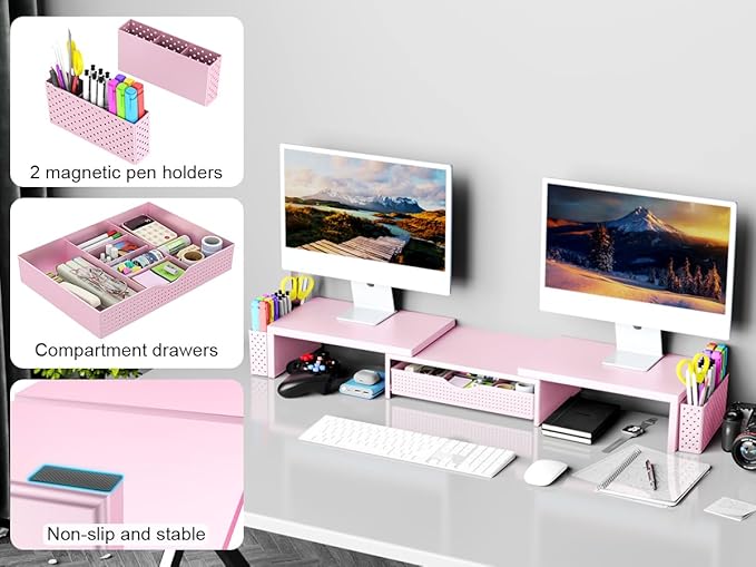 Spacrea Metal Desk Organizers and Accessories, Dual Monitor Stand Riser with Drawer and 2 Pen Holders, Desk Accessories & Workspace Desktop Organizers for Office Supplies (Pink) - Image 4