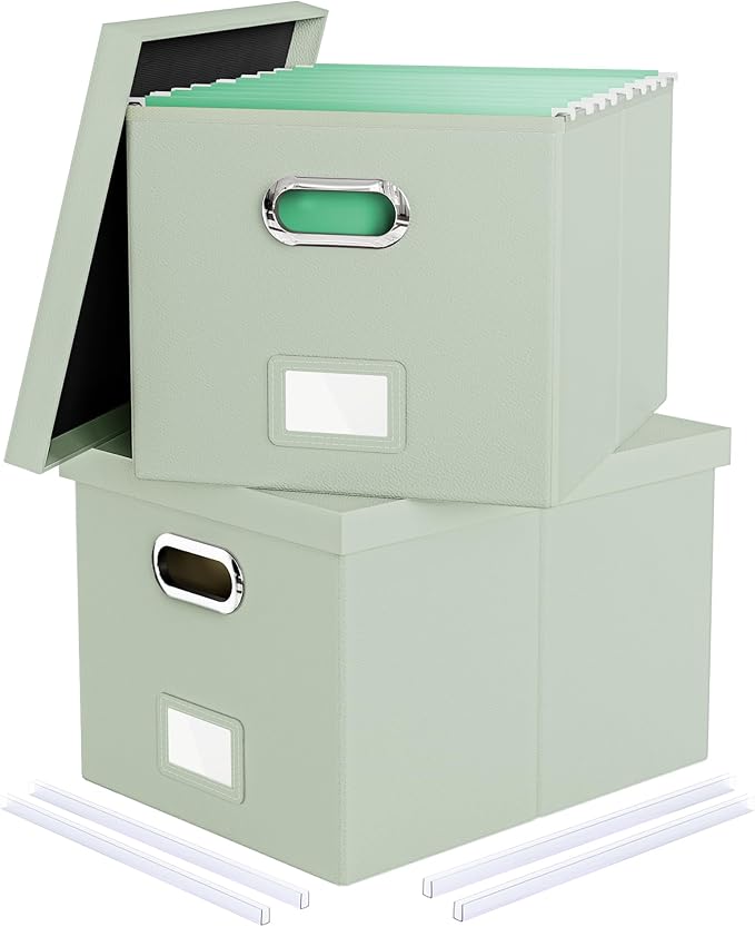 2 Pack File Storage Organizer, Portable File Box with Lid, Fit for Letter/Legal File Folder Storage, Grey-green (Leather) Box by Oterri