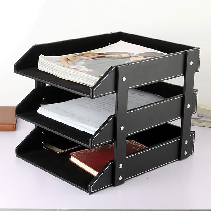 Leather Desk File Organizer, 3-Layer Stackable Tray, Used to Store documents, folders, Stationery, Magazines, Newspapers, Letters, and Other Home Office Sundries Desktop Organization Holder(Black)… - Image 5