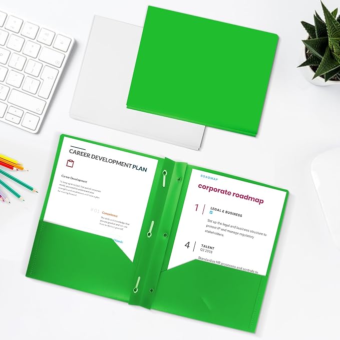 60-Pack Plastic Folders with Pockets and Prongs,2-Pocket Poly Folders with 3 Fasteners Holds 8-1/2" x 11" Paper for School/Office/Home, Green - Image 6