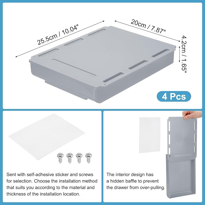PATIKIL Under Desk Drawer, 4 Pcs Under Table Storage Self-Adhesive Attachment Drawers Organizer for Pens Standing Desk Office Studio Home, Gray, Large - Image 2