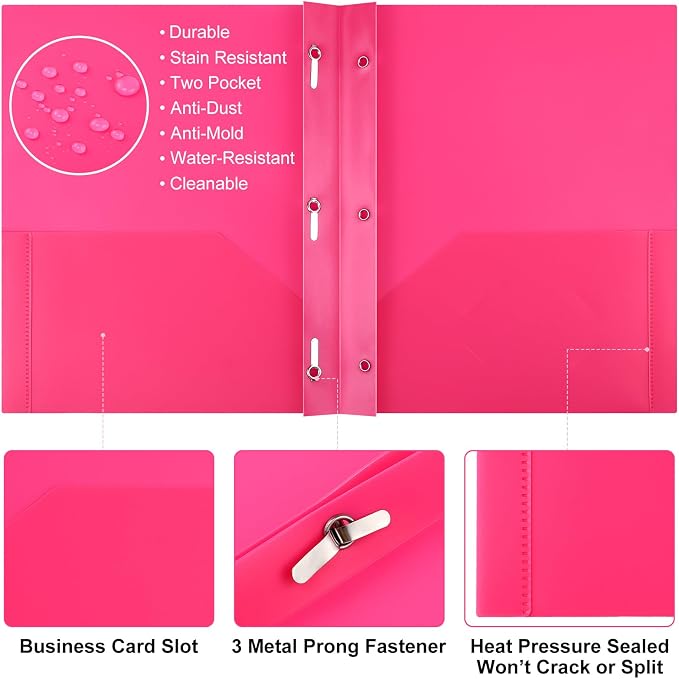 Cholemy 168 Packs Pocket Folders with Prongs Heavy Duty Plastic Folder with Business Card Slot 3 Prong Fasteners for School Office (Bright) - Image 3