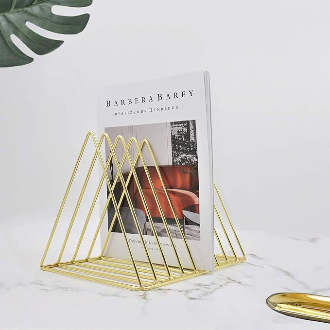 9 Slot Magazine Rack Book Record Holder, Desktop Iron Storage Rack Bookshelf Multifunction Triangle File Organizer Sorter for Decor Home Office, Golden Pack of 2 - Image 2