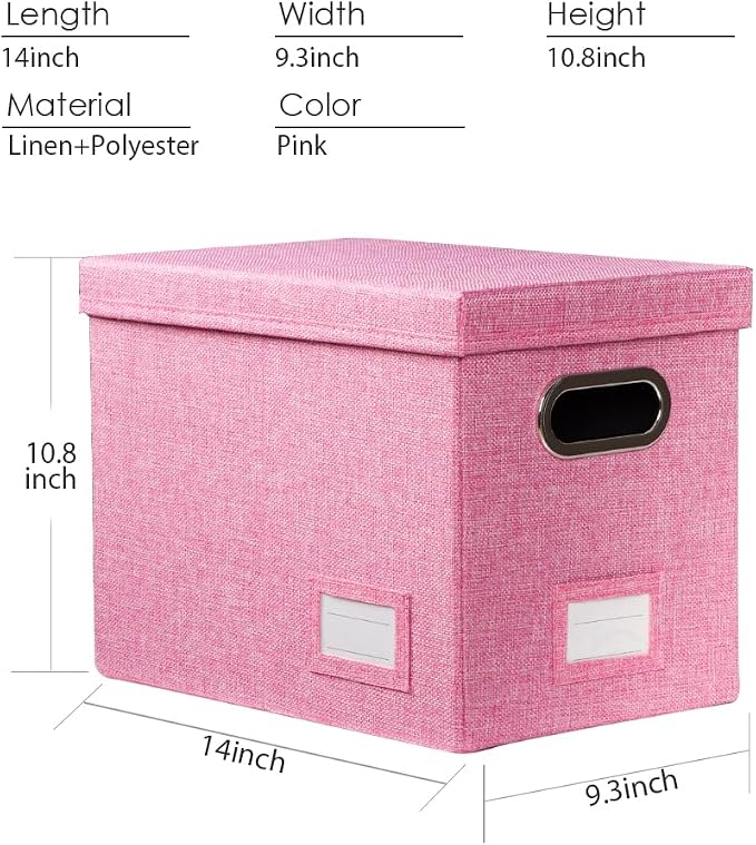 File Organizer Box - Set of 2 Collapsible Decorative Linen Filing Storage Hanging File Folders with Lids Office Cabinet Letter Size Pink (14x9.3x10.8 inch) - Image 7