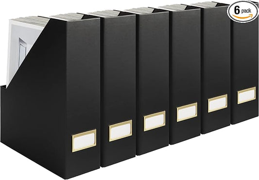 BLU MONACO | Cardboard Magazine File Holder Set of 6 Black | Vertical Magazine File Holder with Gold Label Slots | Standing File Holder and Cardboard Bins for Shelves Desk Storage by Blu_Monaco