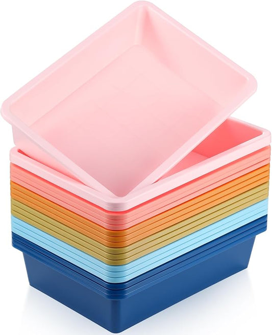 18 Pcs Flat Storage Organizer Bins Letter Size Paper Tray Classroom Storage Plastic Art Trays Classroom Pencil Organizer Baskets for School Office Teacher Book Organization(Fresh Color) by Hoteam