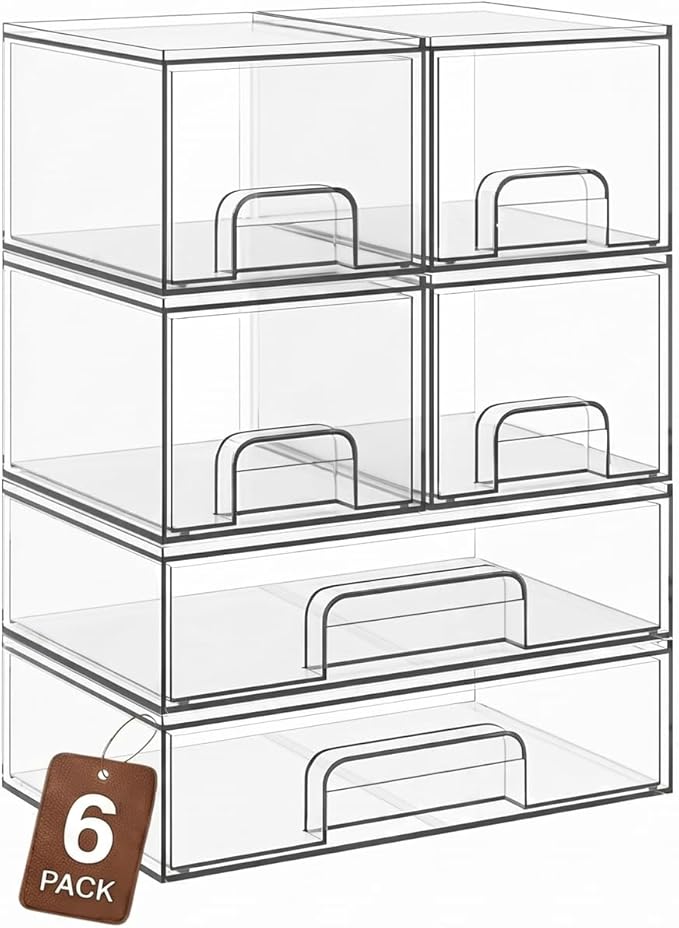 Clear Stackable Storage Drawers, Acrylic Bathroom Makeup Organizer, Plastic Bins for Art Tool & Sketch, Sturdy and Durable Containers for Countertop, Cabinet, Vanity, Pantry Organization by TIPGO