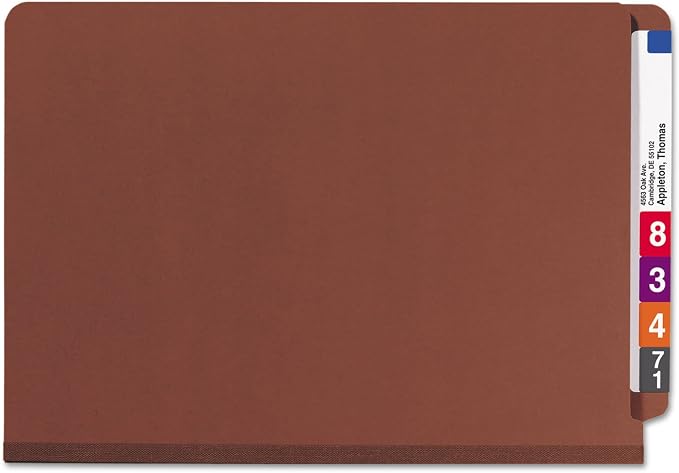 Smead 100% Recycled End Tab Pressboard Classification File Folder with SafeSHIELD Fasteners, 2 Dividers, 2" Expansion, Legal Size, Red, 10 per Box (29860) - Image 2