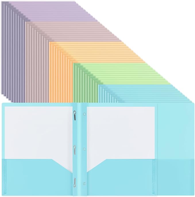 100 Pcs Cute Plastic Folders with Pockets and 3 Prongs, Pastel Colors, Durable File Folders with Fasteners and Pockets for Documents, Tear Resistant Office, School Supplies - Image 3