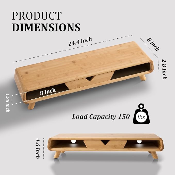 Homerays Bamboo Monitor Stand Riser, No Assembly Required Exquisite Monitor Stand with Drawer Ergonomic Height Wood Monitor Stand - Image 2