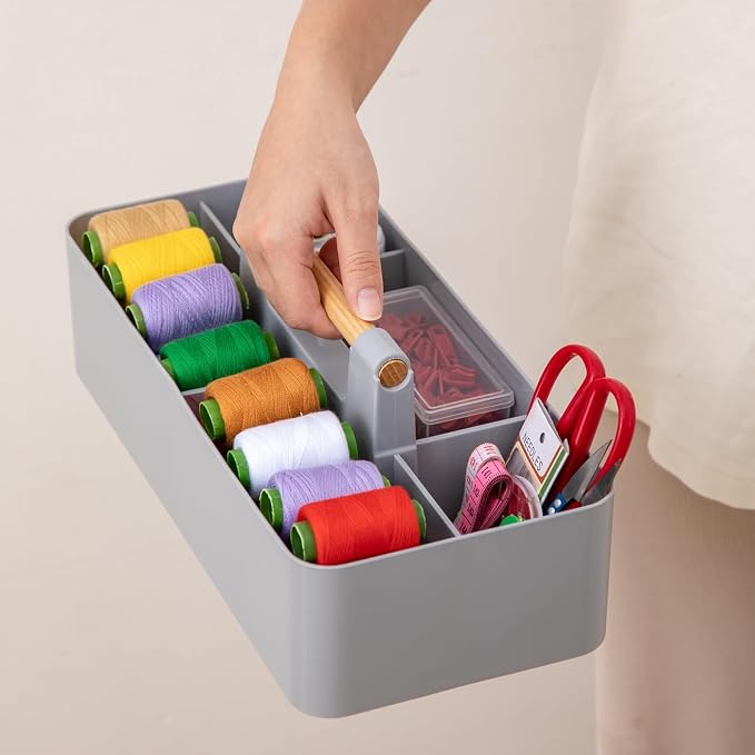 EZOWare Set of 3 Plastic Stackable Caddy Tote Set, Large Storage Organizer Bins with 5 Compartment Divider and Handle for Makeup, Vanity, Bathroom, Office Supplies, Crafts, Nursery - 3 Colors - Image 6