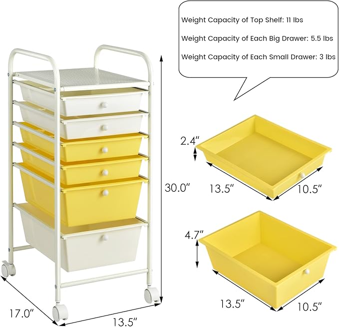 COSTWAY 6-Drawer Rolling Storage Cart, Art Craft Tools Organizer on Wheels | Multifunctional Heavy Duty Utility Mobile Storage Trolley w/ 2 Lockable Wheels for Home Office School (Yellow, Beige & Grey) - Image 3