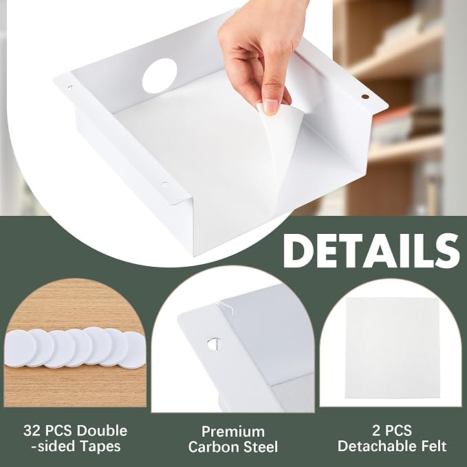 Yaocom 2 Pack Under Desk Hanging Shelf, Carbon Steel Storage Tray with Mute Felt Sheets, Mount Shelves Organizer for Office Home Workstation Gaming Desk Stand up(7.5x8x2.8 in/Storage Shelf,White) - Image 3