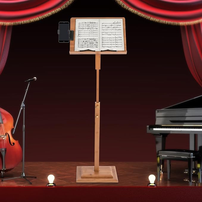 Sheet Music Stand & Desktop Book Stand with Phone Holder, Rotatable Music Book Holder Stand,Wooden Portable Sheet Music Table Stand Height Adjustable from 39.4-51.2in with Book Stand Support - Image 6