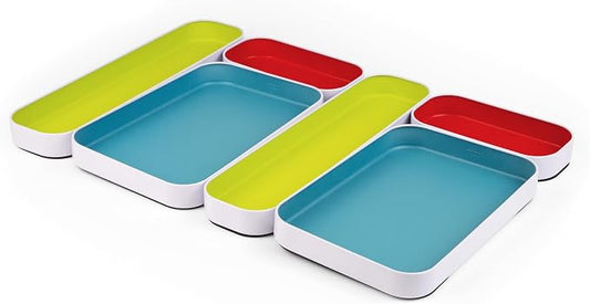 Three by Three Seattle Metal Drawer Organizer Tray Set, 6-Pc (Multicolor) | Colorful food-safe metal bins; soft non-scratch base; kitchen, bathroom, vanity, desk, makeup & office drawers by ThreebyThreeSeattle