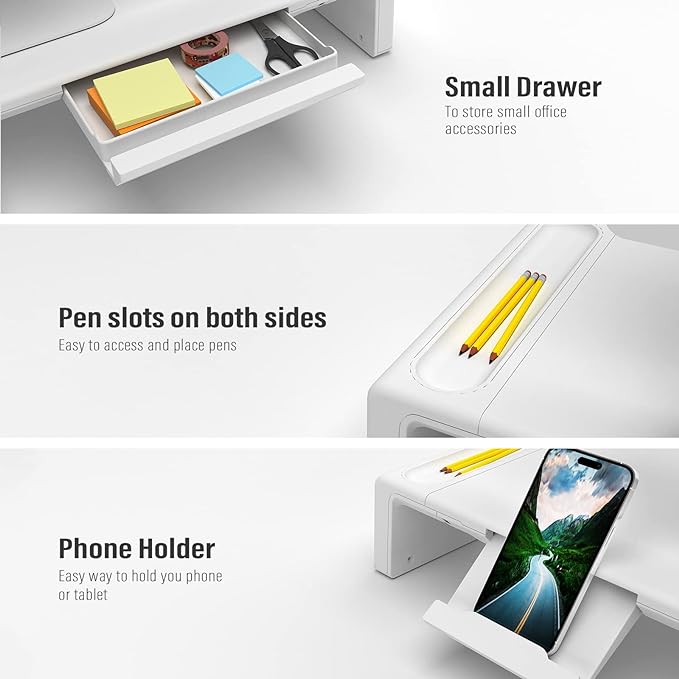 Monitor Stand Riser with Drawer & Phone Holder, Foldable Desk Organizer | Adjustable height laptop riser, built-in pen slot, space saving desktop organizer for home office White - Image 2