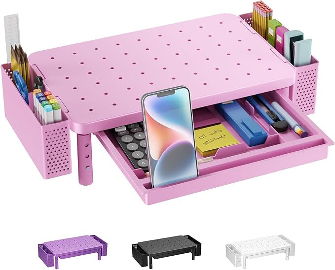 WALI Computer Monitor Stand with Storage, Desk Organizer with Drawer and Pen Holder, Desk Monitor Riser 3 Height Adjustable, Laptop Riser for Computer, Laptop, Printer (PTT003-P), 1 Pack, Pink by WALI