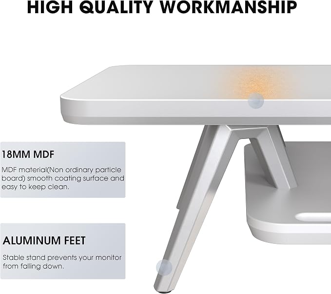 Fenge Dual Monitor Stand Riser, Wooden Desk Shelf with 2-Tier Storage | 47.2-Inch Extra Wide, Sturdy Aluminum Legs, Built-In Phone & Tablet Slot, Desktop Organizer for Office Accessories - Image 4