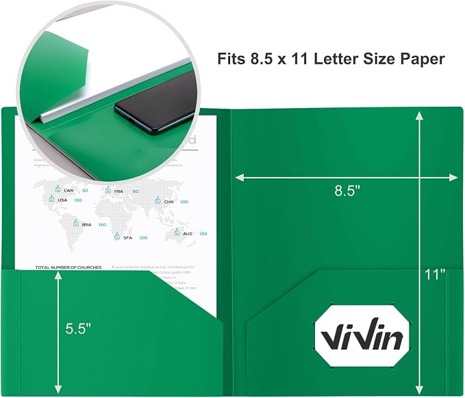 ViVin 12-Pack Green Plastic Folders with Pockets, Fits 8.5 x 11 Inch Letter Size Papers, Poly Folders with 2 Pocket, for Kids, Students, Teacher - Image 3