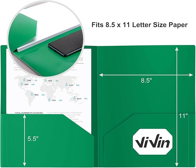 ViVin 60-Pack Green Plastic Folders with Pockets, Fits 8.5 x 11 Inch Letter Size Papers, Sturdy 2 Pocket Folders, Plastic Pocket Folder for Home School and Office - Image 3