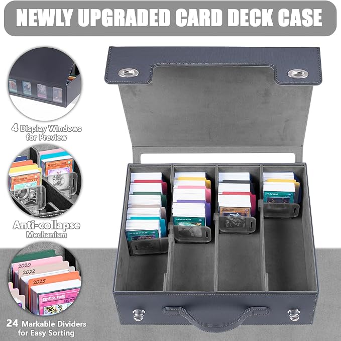 4-Row 3000+ Trading Card Storage Box for MTG, Card Deck Box with Snap-fit Design, 4 Card Sleeves, 8 Stoppers, 24 Dividers (4-Rows Black-Grey) - Image 4