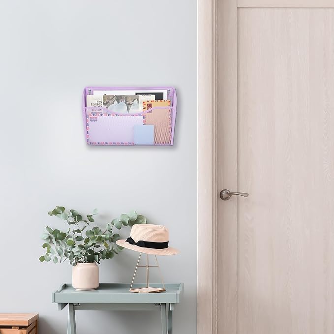 3 Single Pocket Mesh Hanging File Organizer, Vertical Wall Mounted Magazine File Holder, Mount Basket Mail Paper Document Folder Organizing for Office, Home and School, Light Purple - Image 7