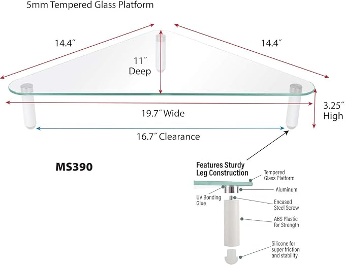 Kantek Glass Corner Monitor Riser, 19.7" x 11" x 3.25", Clear, Supports 40 lbs - Image 2