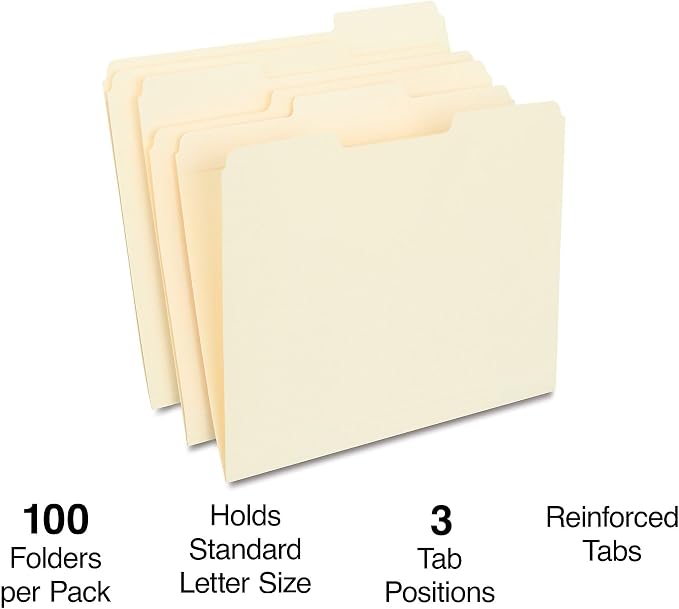 Staples 30% Recycled Reinforced File Folders, Letter Size, 1/3‑Cut Tabs, Manila, Durable Eco‑Friendly Paper Stock, 100/Box - Image 2