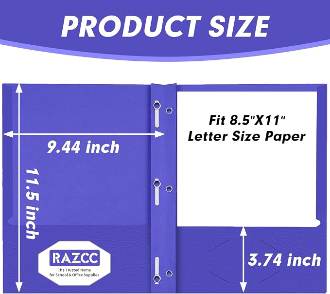 Two Pocket Folders, RAZCC 100 Pack Two Pocket with Prongs, 3 Prong Pocket Folders Letter Size, Paper Folders with Prongs for School Office Home Business, Assorted 5 Colors - Image 2