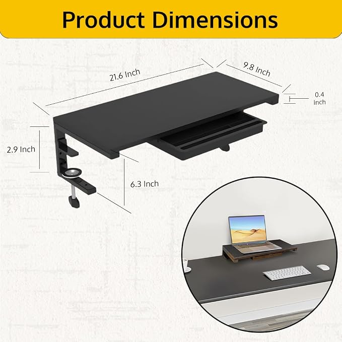 Ergonomic Clamp-On Laptop and Computer Monitor Riser Stand with Drawer, 21.6 x 9.8 inch - Black |Laptop Stand for Desk, Monitor Riser, Desk Organizer, Office Desk Home Workspace - Image 3