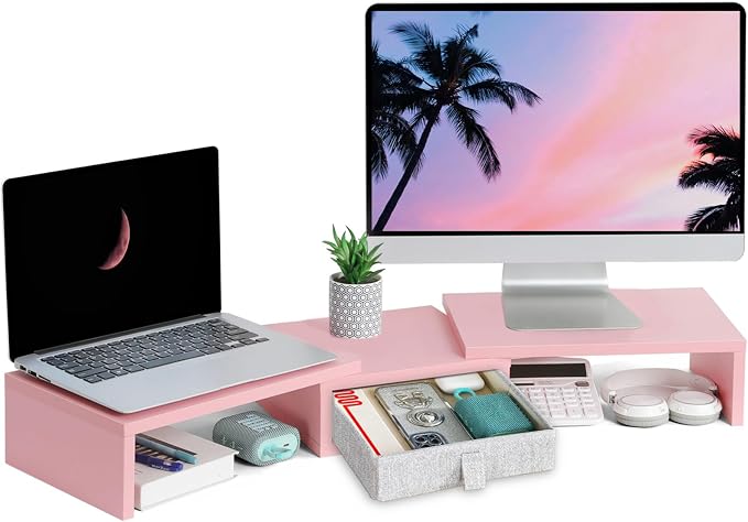 TEAMIX Pink Dual Monitor Stand Riser with Drawer - Length and Angle Adjustable Double Corner Desk Shelf Organizer 37 inch for 2 Laptop/PC/Screen/TV by TEAMIX