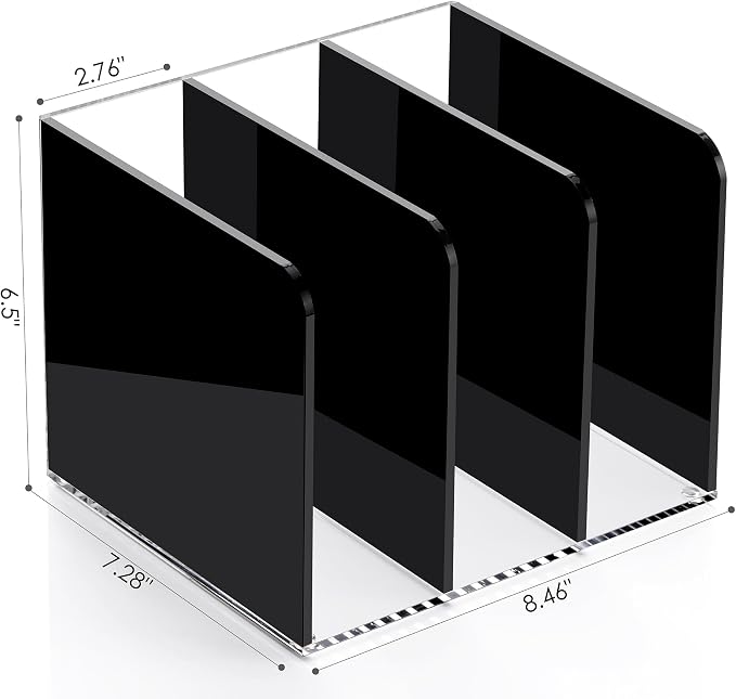 SANRUI Black Acrylic Magazine File Holder Desktap Organizer Folder Sorters | Clear Workspace Document Rack, Bookend File Office Accessories Organization Storage, 3 Vertical Compartments - Image 3