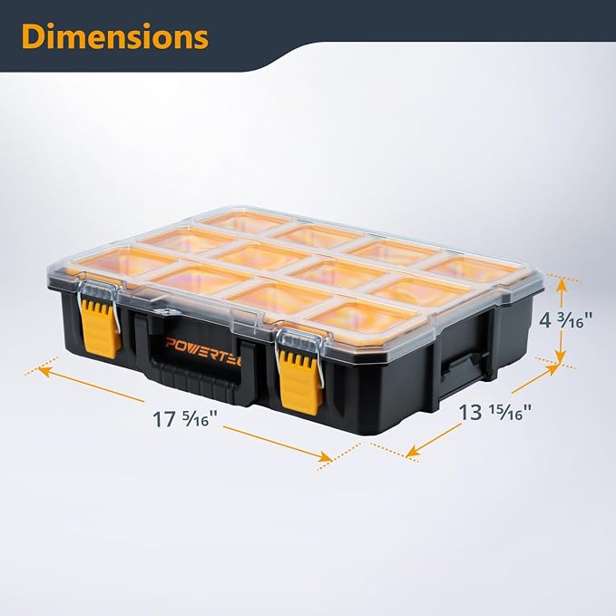 POWERTEC Small Parts Organizer & Tool Box – 10 Compartments, IP65 Water & Dust Protection, Stackable Storage with Interlocking Latch, Removable Tray, Clear Lid, Portable Design (72365) - Image 2