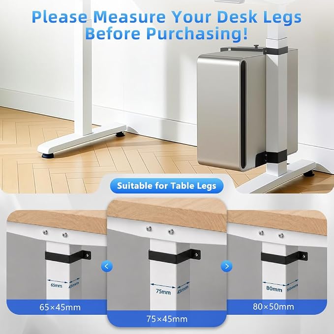 Under Desk PC Mount for Standing Desk, Clamp-On CPU Holder, 50lbs Capacity | Clamp-on for 65-80mm legs. Holds 50lbs, open frame cooling. No-drill, 15-min install. Fits mid-tower PCs. - Image 8
