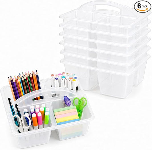 6 Pack Assorted Colors Classrooms Caddy 4 Compartment Classroom Caddy Compartment Caddies Set Table Caddies Classrooms with Handle for Classroom Organization Table Desk Office Supplies(clear) by Yakydesign