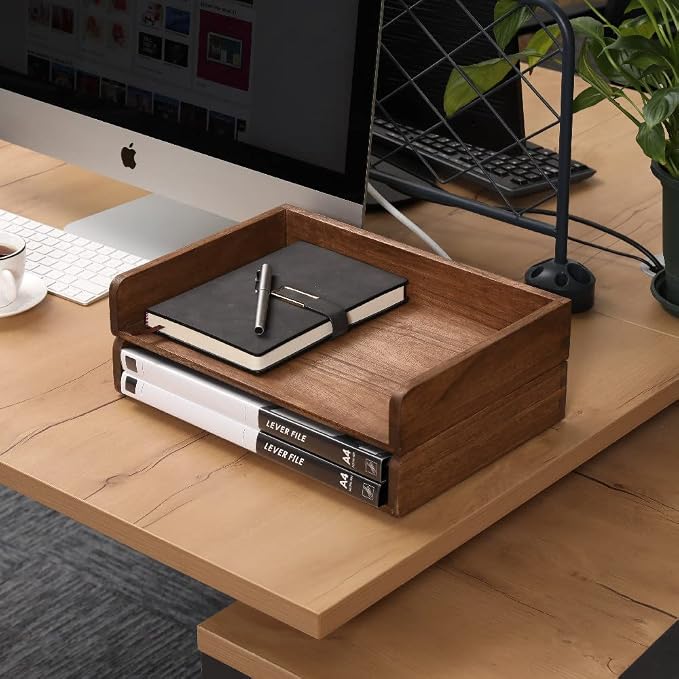 DDYURI Desktop File Trays Stackable Paper Tray for Letter/A4 Size Magazine - Wood Office Document Organizer Shelf - Wooden Folder Organization Rack Desk Tray Pack of 2 Dark(2CTP-DK) - Image 2