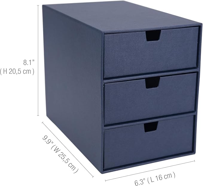 Bigso Box of Sweden Ingrid 3-Drawer Fiberboard Desk Organizer for Office Supplies & Accessories - Stackable Makeup Drawer Organizer - 6.3in x 9.9in x 8.1in - Blue (Pack of 2) - Image 9