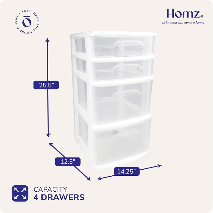 HOMZ Drawer Tower, 4-Tier Clear Plastic Storage Organizer Cart, White Frame - Rolling Drawers with Wheels for Desk, Dresser, Cabinet, Bedroom, Bathroom, Classroom, and Office Organization - Image 3