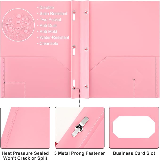 Cholemy 72 Packs Pocket Folders with Prongs Heavy Duty Plastic Folder with Business Card Slot 3 Prong Fasteners for School Office (Vibrant) - Image 3